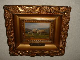 Antique Oil Painting,  { Joseph Van Leemputten,  1865 - 1948,  Sheep In The Hills}. photo