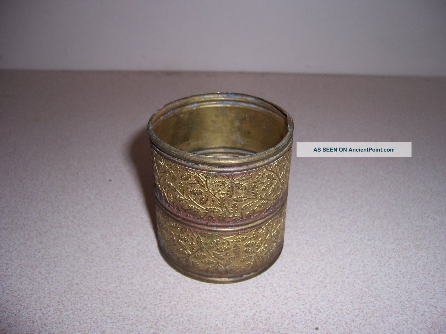 C.  1800s Antique Brass Cup W/ Embossed Oak Leaf Motif Metalware photo