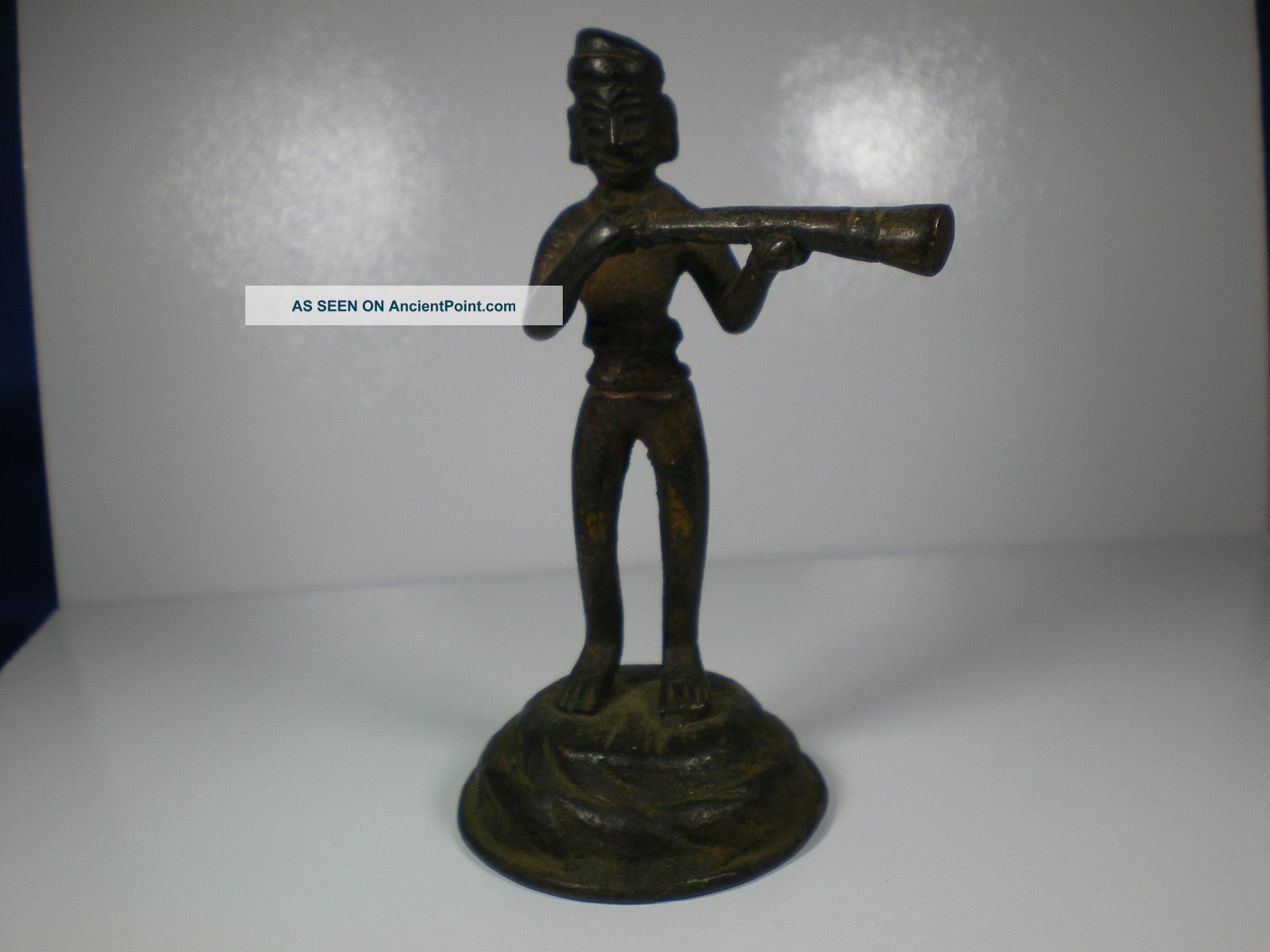 Antique Indian Bronze Figurine Man With Long Horn Gun Metalware photo