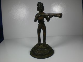Antique Indian Bronze Figurine Man With Long Horn Gun photo