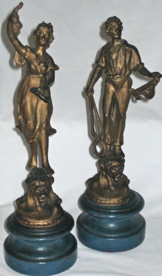 English Victorian Pr Metal Statuettes Figures Lady,  Man W Lions photo