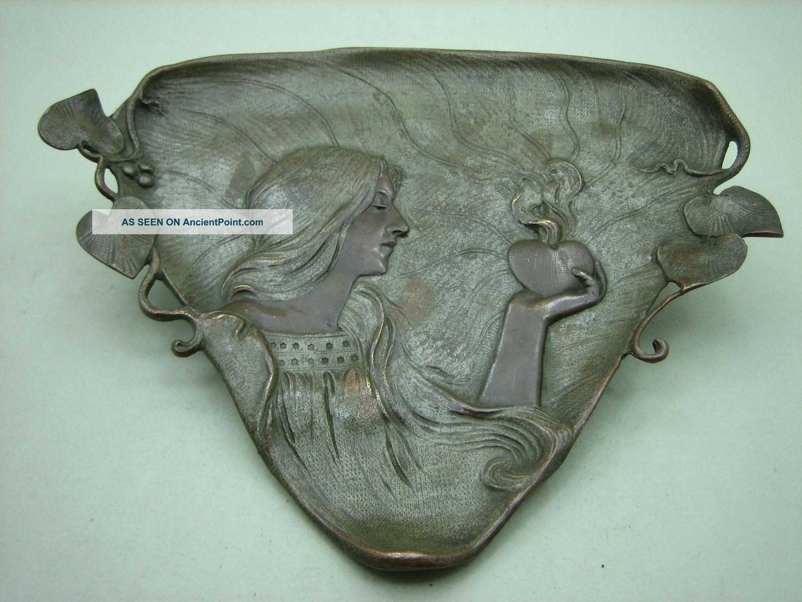 Small Triangular Art Nouveau Vienna Bronze Tray With Lady Holding Flaming Heart Metalware photo