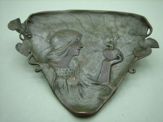 Small Triangular Art Nouveau Vienna Bronze Tray With Lady Holding Flaming Heart photo