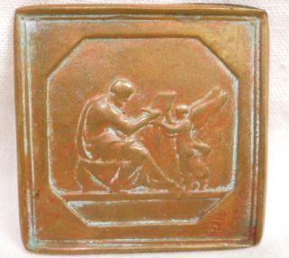 Vintage Collectible Art Bronze Plaque 2 1/4 Inches By 2 1/4 Inches - Angel & Man photo