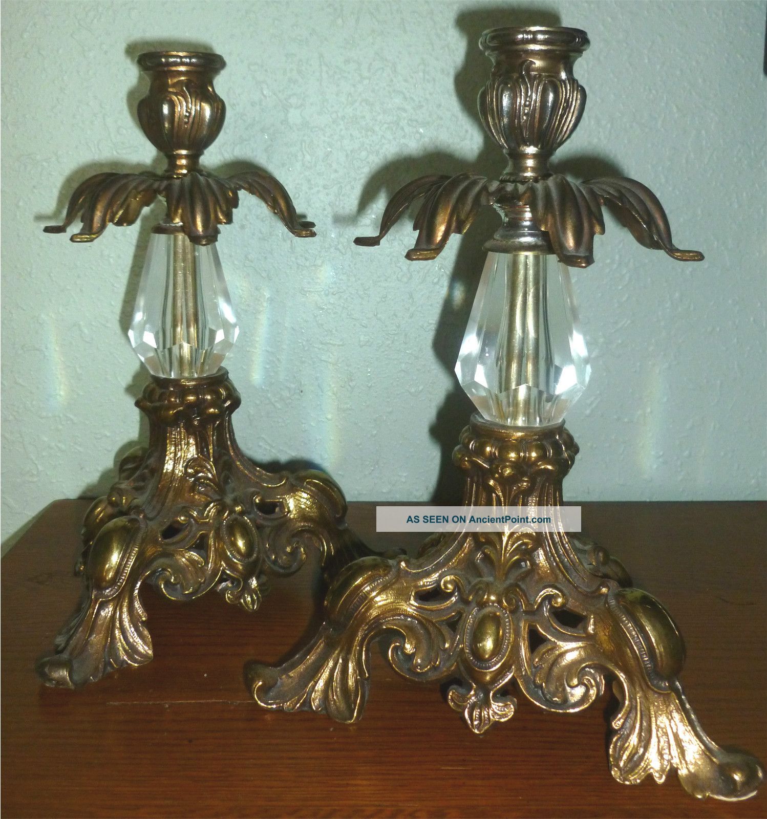 Set Of Victorian Antique Brass Metal Crystal Glass Candlestick Holders Metalware photo