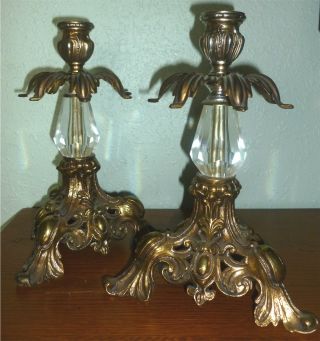 Set Of Victorian Antique Brass Metal Crystal Glass Candlestick Holders photo