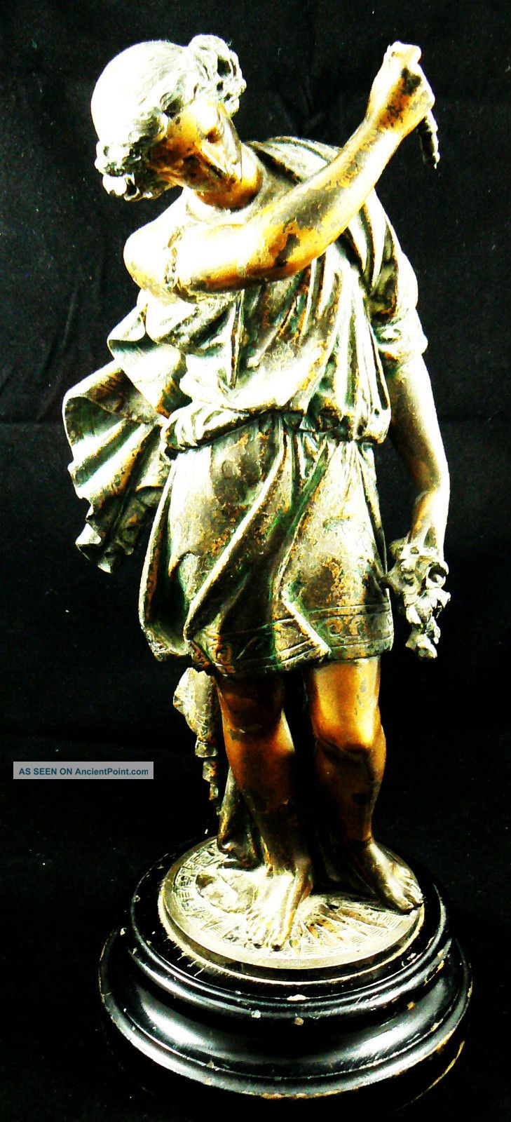 Antique French Painted Bronze Figural Statue Wood Base Metalware photo