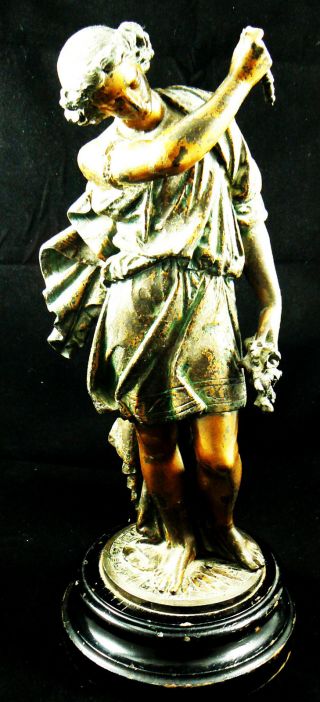 Antique French Painted Bronze Figural Statue Wood Base photo