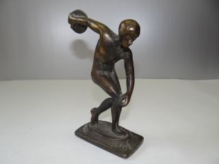 Antique Old Cast Iron Metal Gold Colored Discus Throwing Statue Olympic Figurine photo