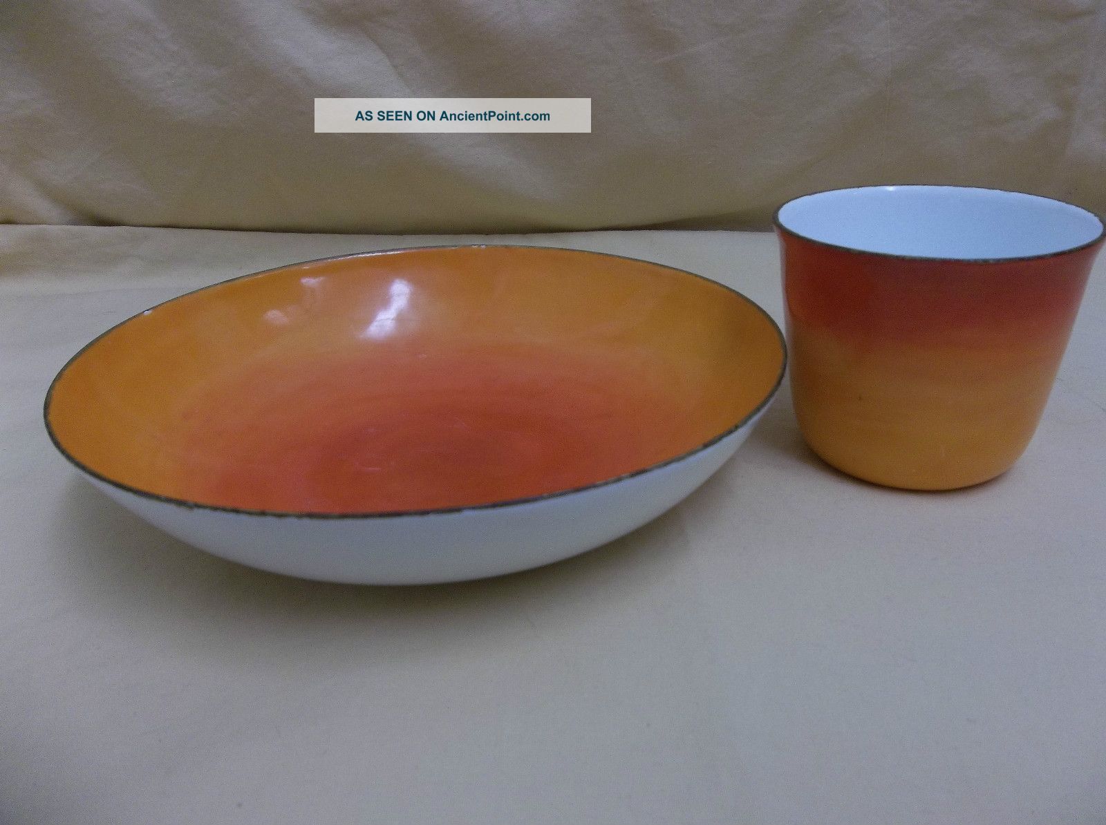 Austria Handpainted Enamel Maichberger Vienna Orange And White Bowl & Cup Metalware photo