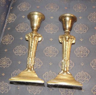 Maine Estate Old Very Heavy Pair Rams Head Solid Brass Candlesticks 9 1/2 