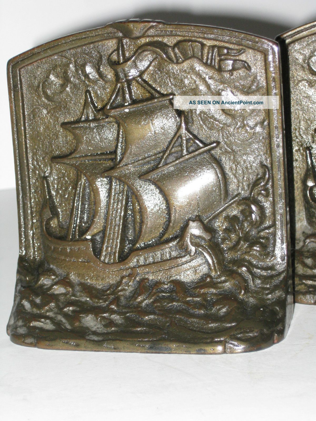Antique Art Deco Sailing Ship Bookends C: 1920s Cast Iron Metalware photo