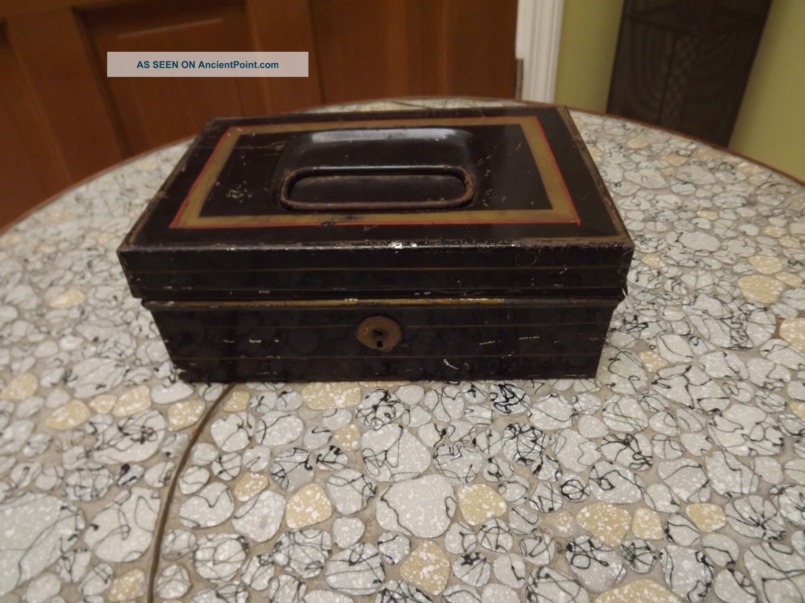 Vtg Black & Gold Metal Money Box W/handle Metalware photo
