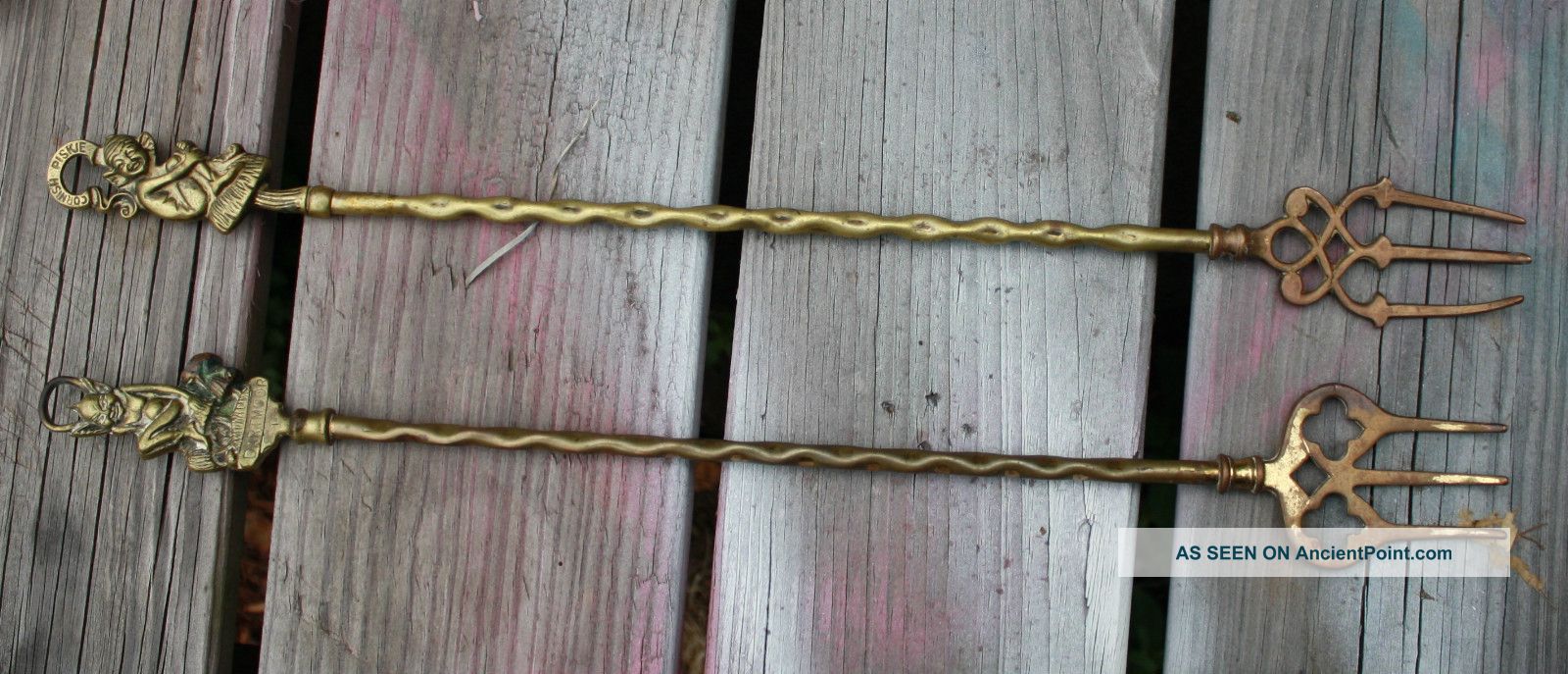 2 Antique English Brass Pixie Toasting Forks Metalware photo