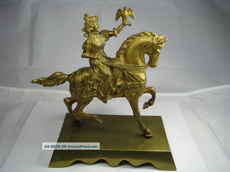 French Solid Brass Figurine Falcon Hunter,  Horse Rider France C1890s Excelt Condn Metalware photo