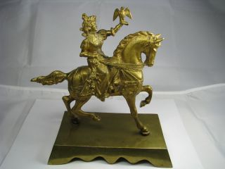 French Solid Brass Figurine Falcon Hunter,  Horse Rider France C1890s Excelt Condn photo