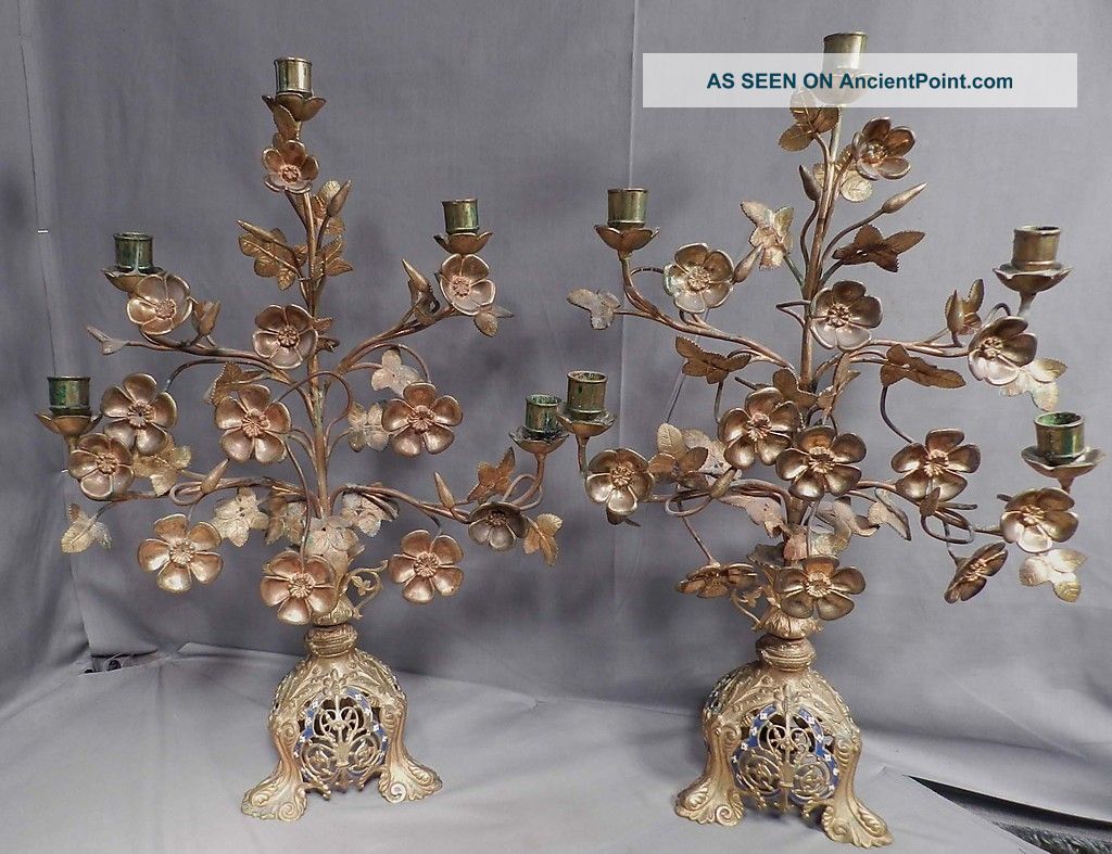 Pair Antique French Gothic Mary Altar Candelabra Gilt Brass Roses Blue Enamel Metalware photo