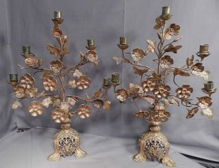 Pair Antique French Gothic Mary Altar Candelabra Gilt Brass Roses Blue Enamel photo