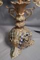 Pair Antique French Gothic Mary Altar Candelabra Gilt Brass Roses Blue Enamel Metalware photo 3