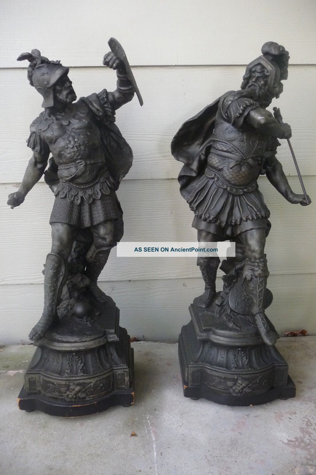 Large Pair Of Antique Victorian Mythological Warriors Spelter Metal Statues Metalware photo