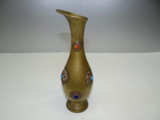 Antique Old Metal Solid Brass Blue Stone Decorative Flower Vase Chinese? Nr photo