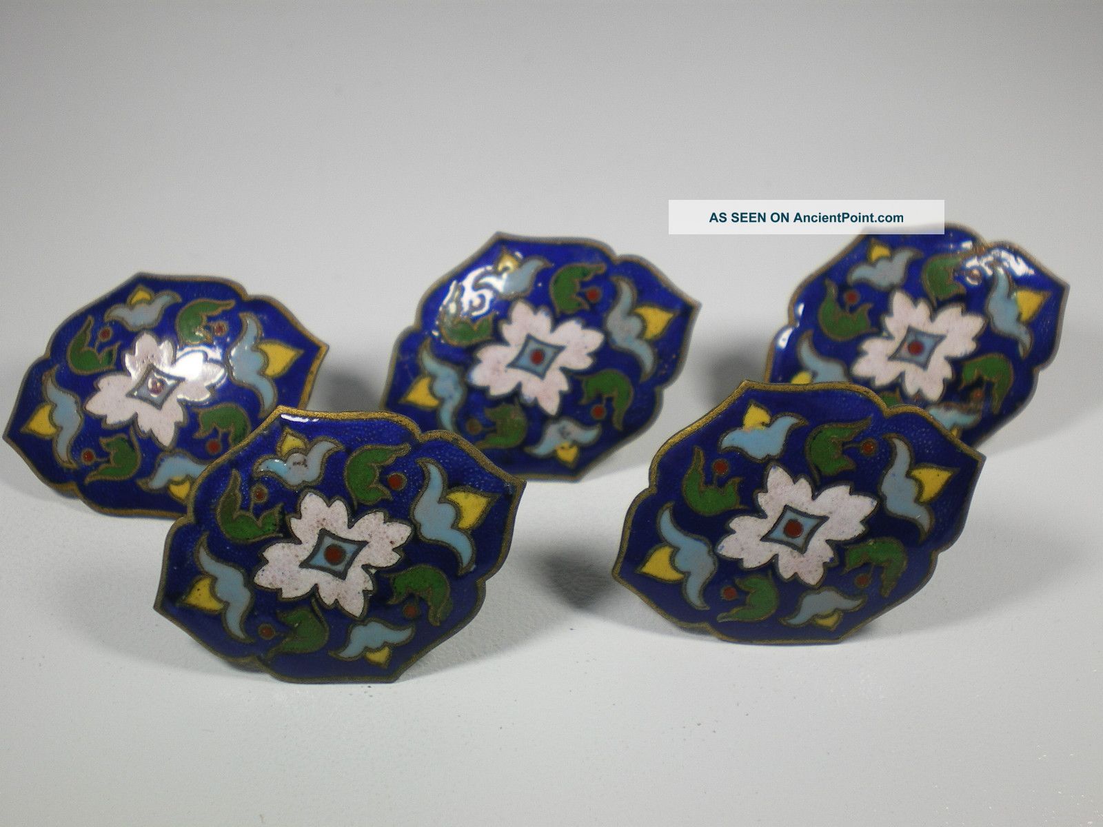 Set 5 Antique Cloisonne Enamel Conch Appliques Blue/white 36mm X 28mm Metalware photo