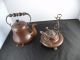 Antique German Copper Ornate Kettle With Burner Base,  Great Patina,  Hand Made Metalware photo 1