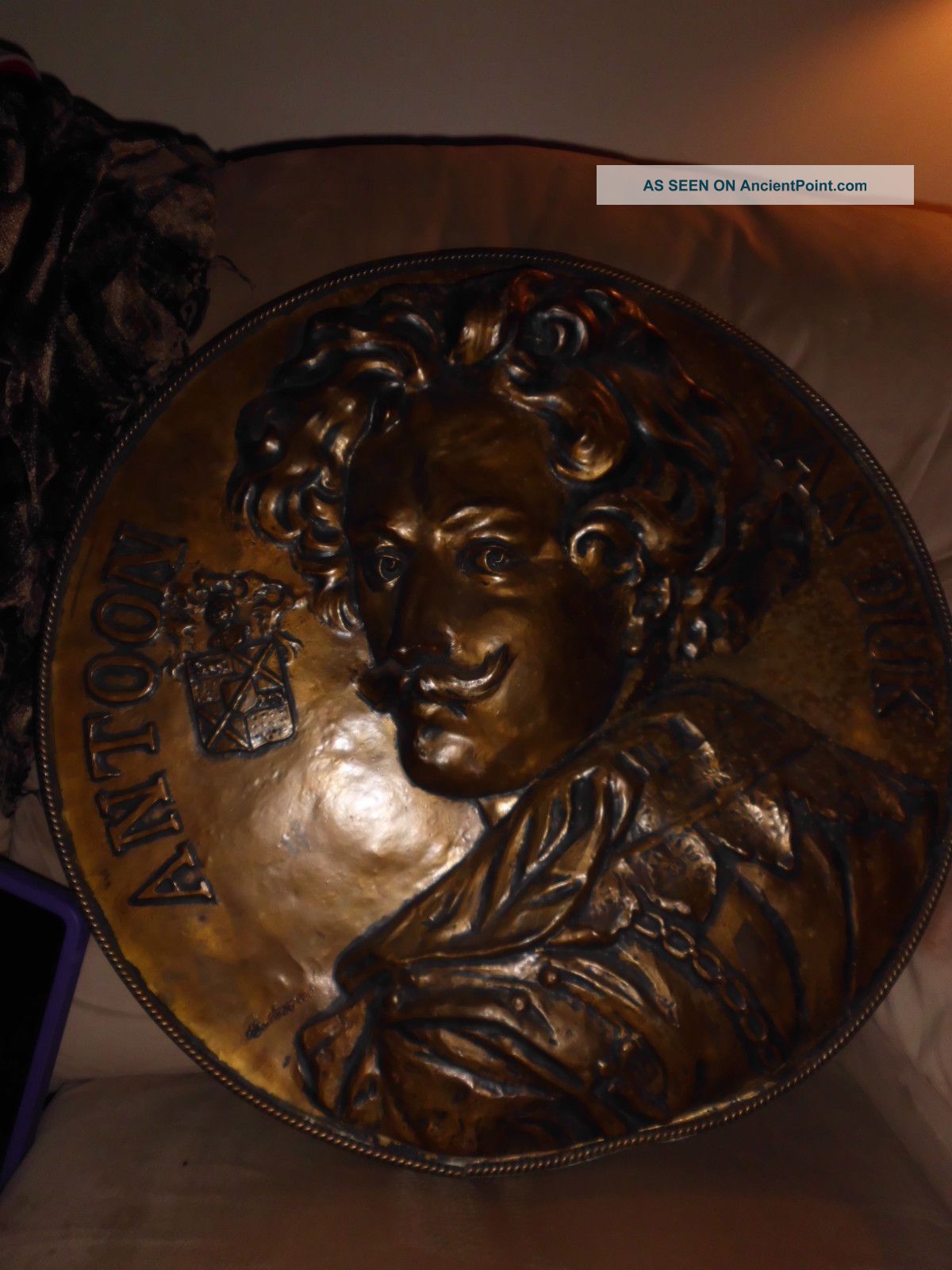 Rare Antique Flemish Artist Anthony Van Dyke Copper Medallian Castle Plaque Metalware photo