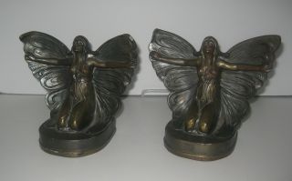 Antique Butterfly Girl Monochrome Metal Bookends Marked 63 Circa:1927 photo