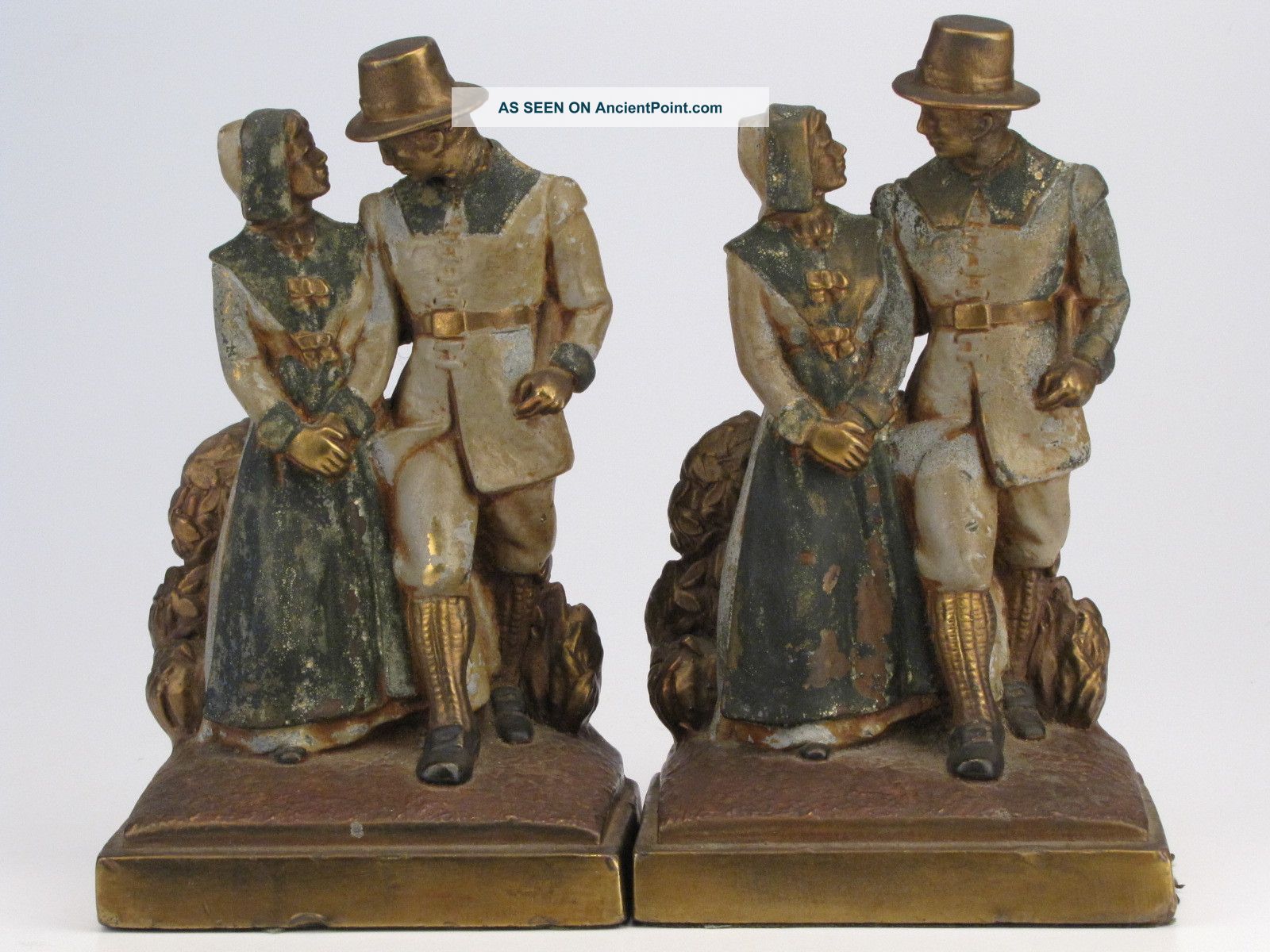 Antique Pair Byron Bristol Armor Bronze Inc Pilgrim Couple Bookends Patina Metalware photo