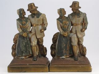 Antique Pair Byron Bristol Armor Bronze Inc Pilgrim Couple Bookends Patina photo