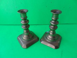 Antique Miniature Pair Of 3 & 1/8ths Inches High Candlesticks.  Brass photo