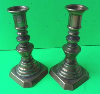 Antique Brass Miniature Pair Of Candlesticks. photo