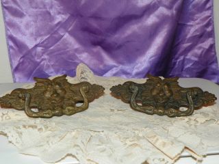 Antique/vintage Brass Pair Of Gothic Figural Face Drawer Pulls Collectible Decor photo