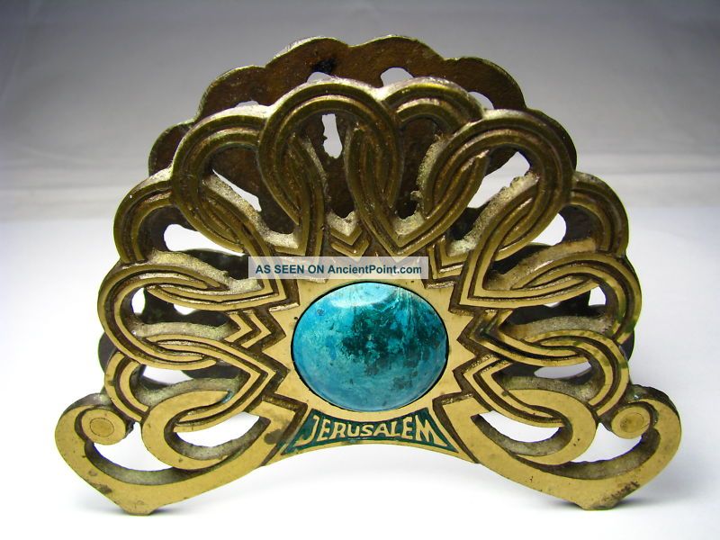 A Solid Brass Napkin Holder W/turquoise Israel Ca1960s Metalware photo