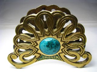 A Solid Brass Napkin Holder W/turquoise Israel Ca1960s photo