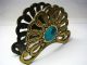 A Solid Brass Napkin Holder W/turquoise Israel Ca1960s Metalware photo 4