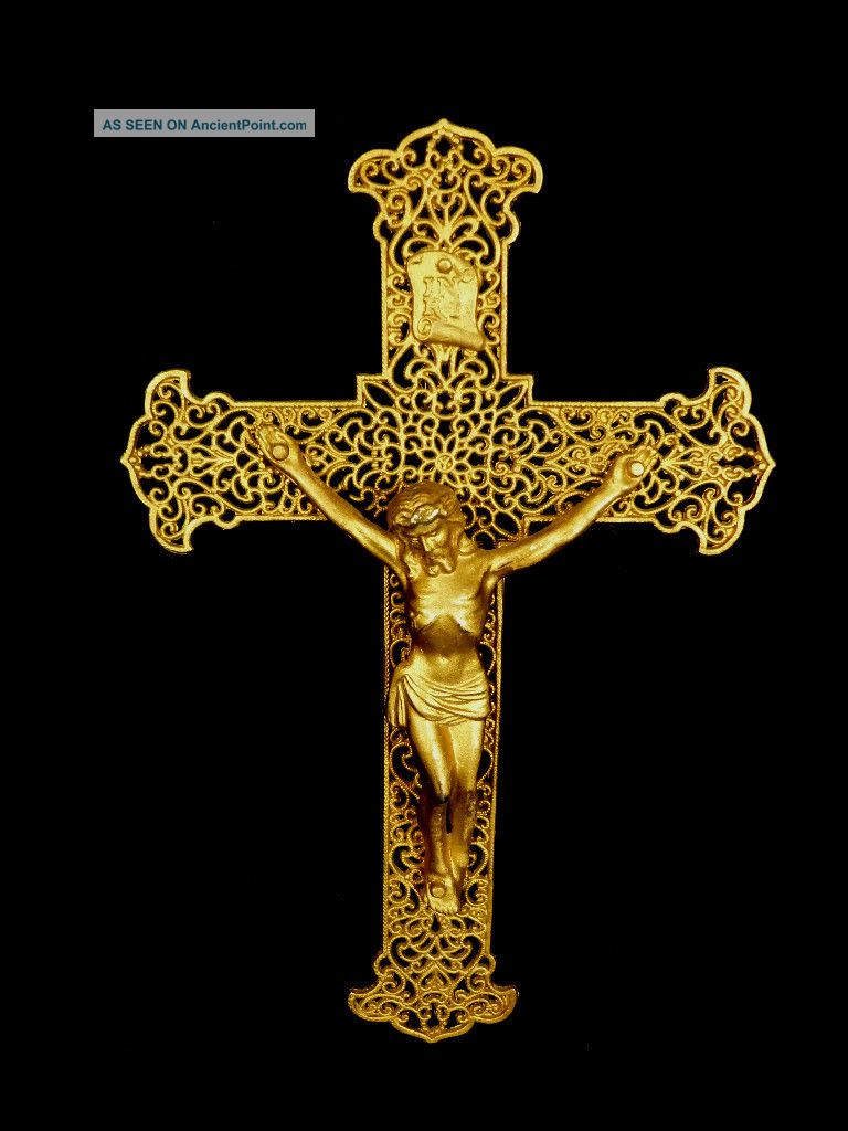 Fabulous Turn - Of - The - Century Gilt Filigree Crucifix Metalware photo