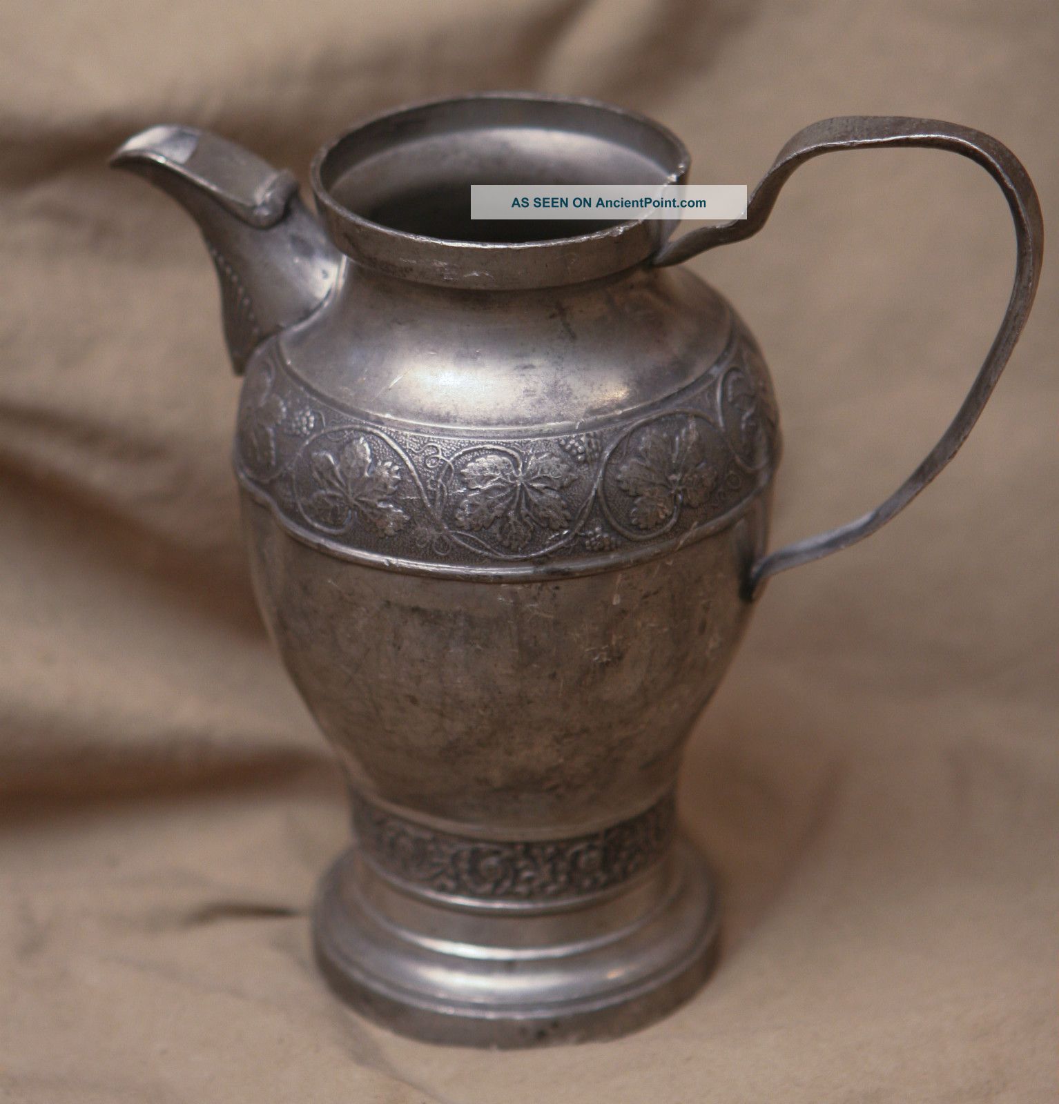 Antique 19th C Pewter Pitcher Grapevine 6 1/2 