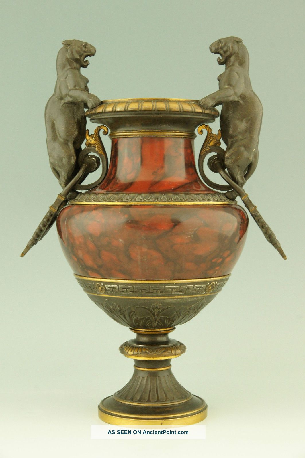 Antique Bronze And Marble Vase With Panthers By Boiron,  France 1870 Metalware photo