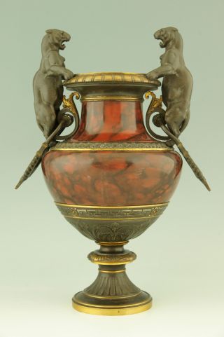 Antique Bronze And Marble Vase With Panthers By Boiron,  France 1870 photo