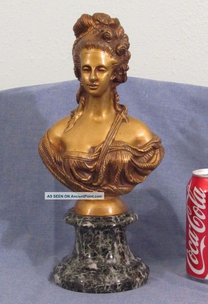 French Antique Gilt Bronze Bust Figurine Woman On Marble Base Metalware photo