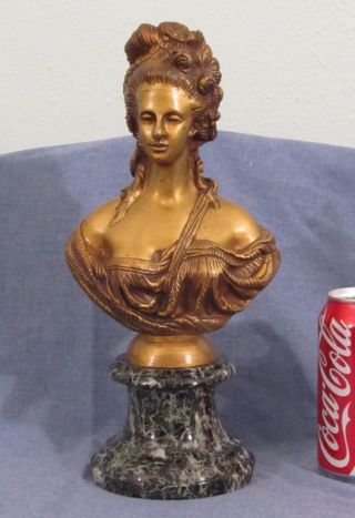 French Antique Gilt Bronze Bust Figurine Woman On Marble Base photo