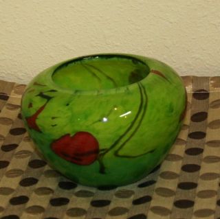Hand Blown Art Glass Vase / Bowl,  Green Small Signed Romania 4 photo