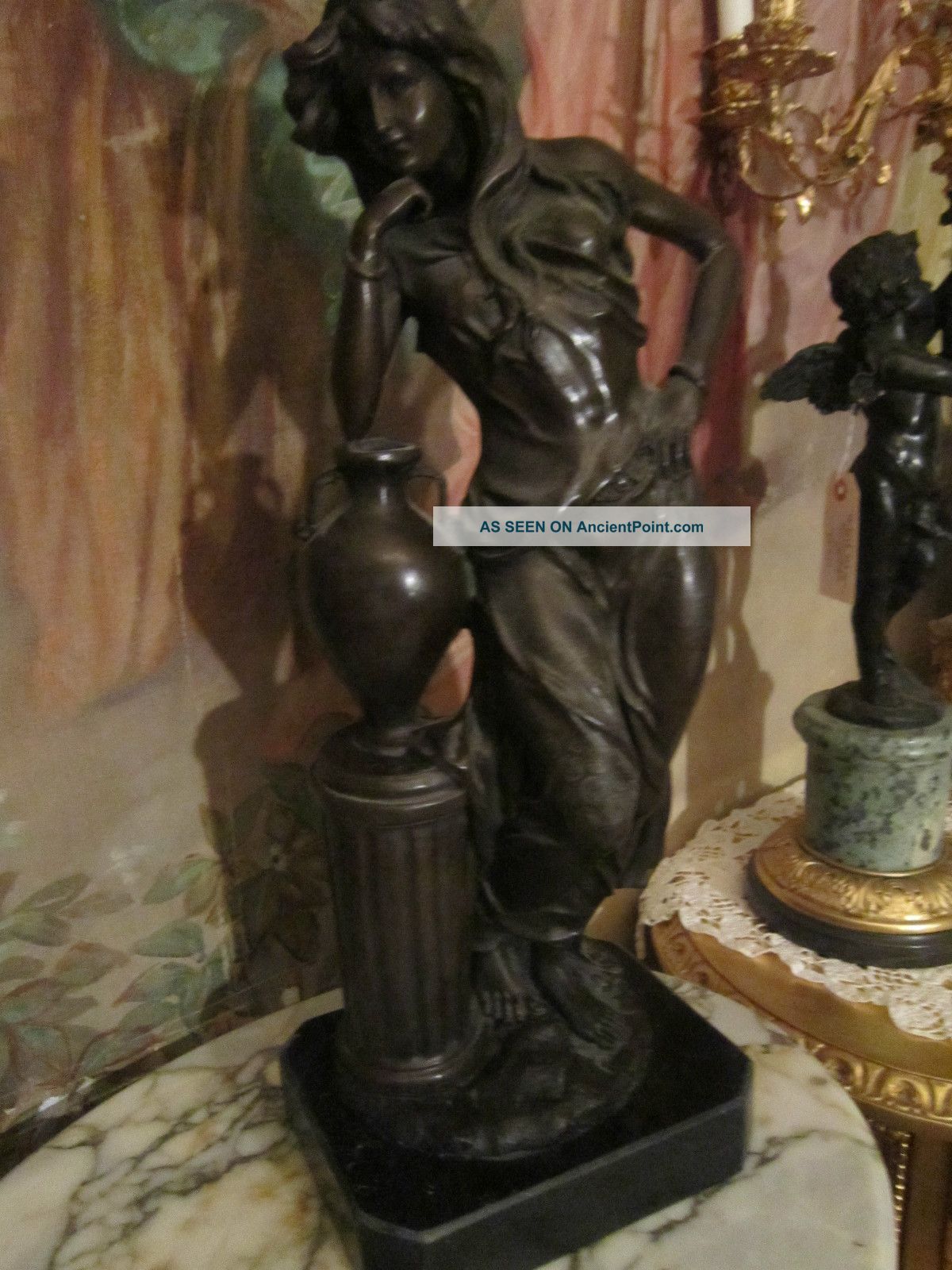 Fine Art Nouveau Patinated Bronze/marble Statue/figurine Signed Metalware photo