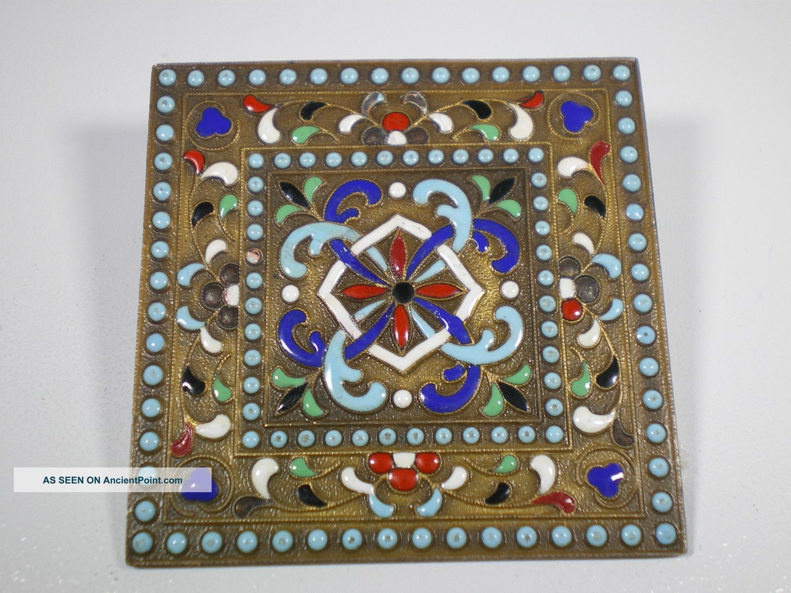 Antique Heavily Enameled Square Brass Plaque 1 - 7/8 