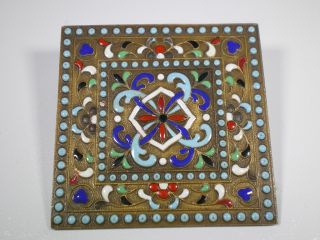 Antique Heavily Enameled Square Brass Plaque 1 - 7/8 