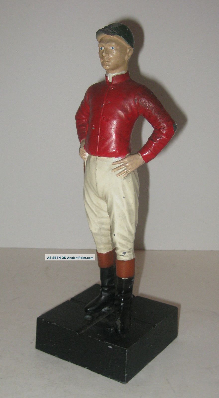 Antique Cast Iron Jockey Polychrome Red White Blue Metal Stand Metalware photo