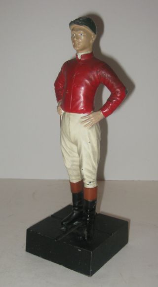 Antique Cast Iron Jockey Polychrome Red White Blue Metal Stand photo