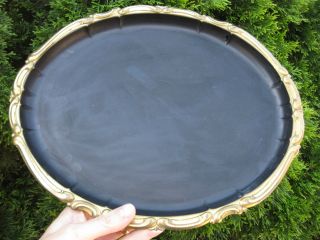 Antique Ornate Flat Oval Brass Metal Black Serving Tray 13 